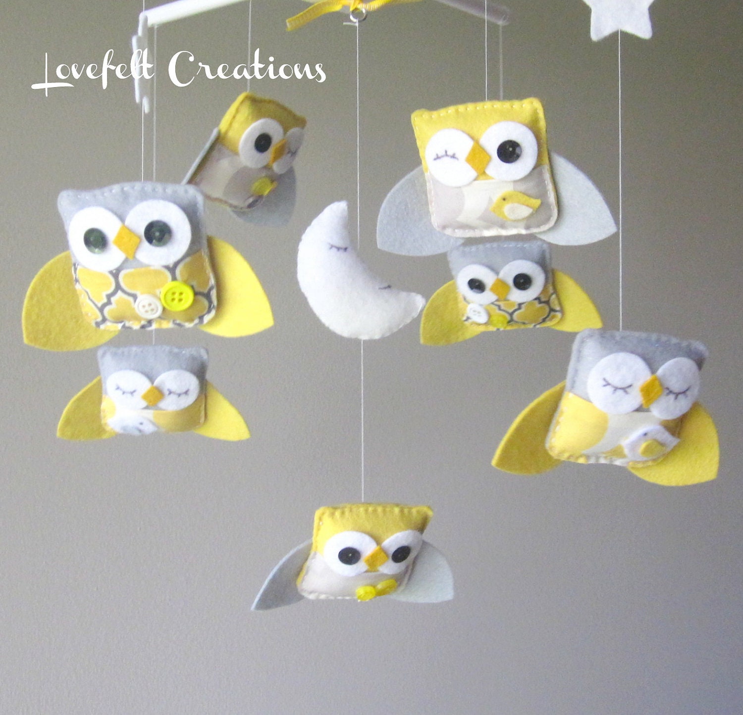Baby Crib Mobile - Baby Mobile - Yellow and Gray Baby Mobile - Owl Mobile - Neutral Mobile