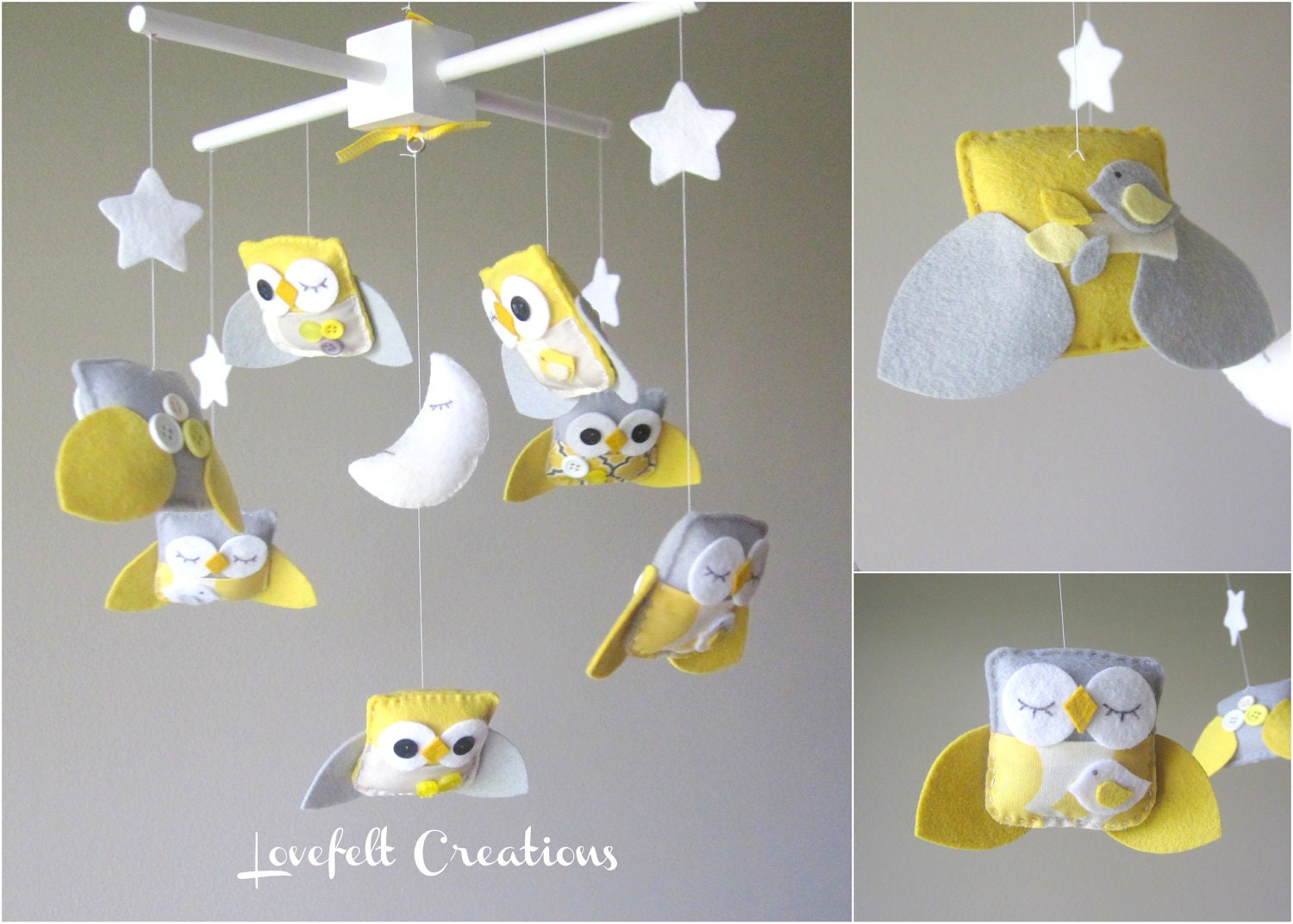 READY ITEM - Baby Crib Mobile - Baby Mobile - Yellow and Gray Baby Mobile - Owl Mobile - Neutral Mobile