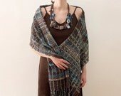 Brown blue knitted necklace with bamboo beads OOAK