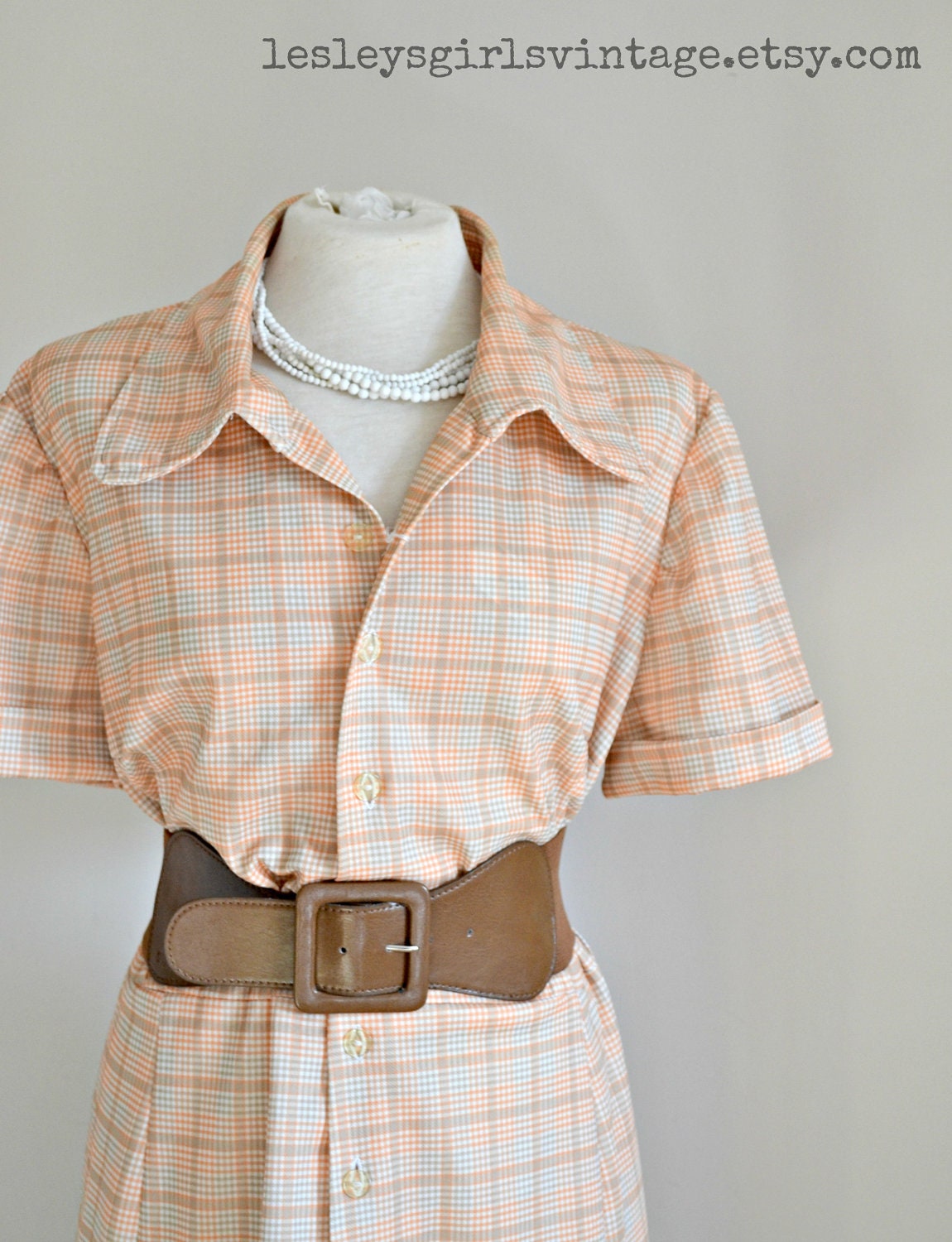 Vintage Shirt Dress- 1970s orange plaid check house dress PLUS SIZE dress Fall Fashion  from Lesley's Girls Vintage