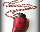 Red Tibetan Horn Necklace with Handmade Red Quartz Chain