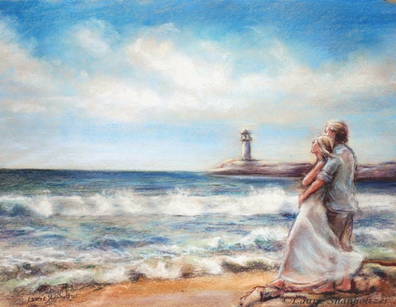 couple beach Seascape romantic original painting print ocean  seashore lighthouse