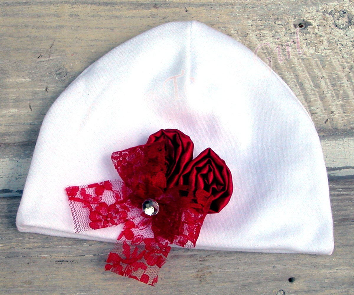 Baby Hat Red Satin double rosette & lace matching our Satin Dresses, Gowns, Ruffle Bloomer Infant newborn Toddler 33 COLORS AVAILABLE 5739