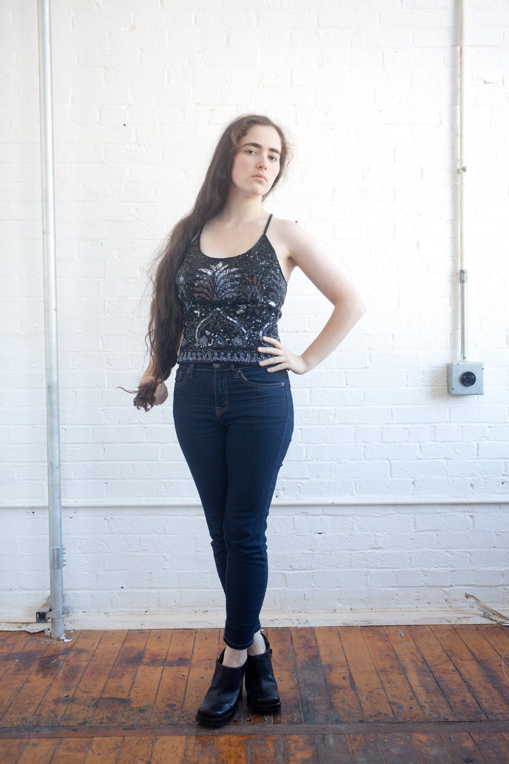 90s black and grey sequin top