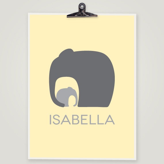 Personalized Baby Elephant Gray and Yellow Nursery Art Print - Modern Nursery Decor Print