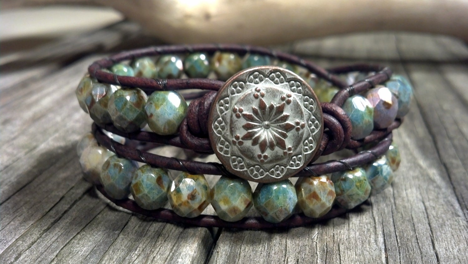 Opaque Green Beaded Double Leather Wrap Bracelet, Shabby Chic, Bohemian, Southwest Chic Jewelry