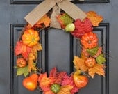 Fall Wreath with Leaves and Pumpkins - Harvest Wreath - Thanksgiving Wreath - 18" Grapevine Wreath