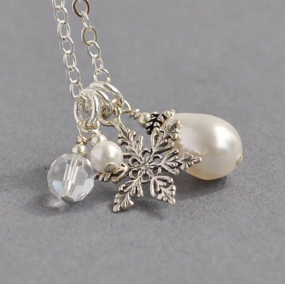 Snowflake Necklace,  White Pearl Pendant Necklace, Sterling Silver Snowflake Charm Necklace, Bridesmaids Necklace