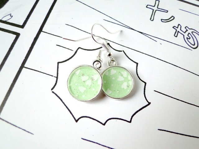Chartreuse Earrings, Tiny dangles, Mint, Resin Jewelry, Japanese Yuzen Chiyogami Washi, Origami paper, Silver Plated, Gift under 15