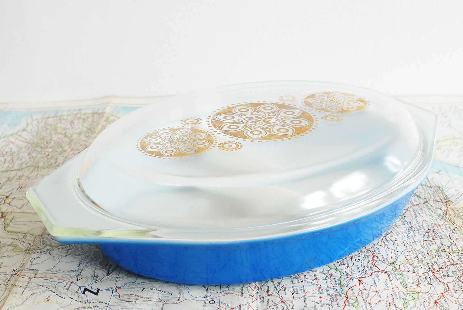 1960's Pyrex Promotional Blue and Gold "Royal" Divided Serving Casserole with Glass Lid