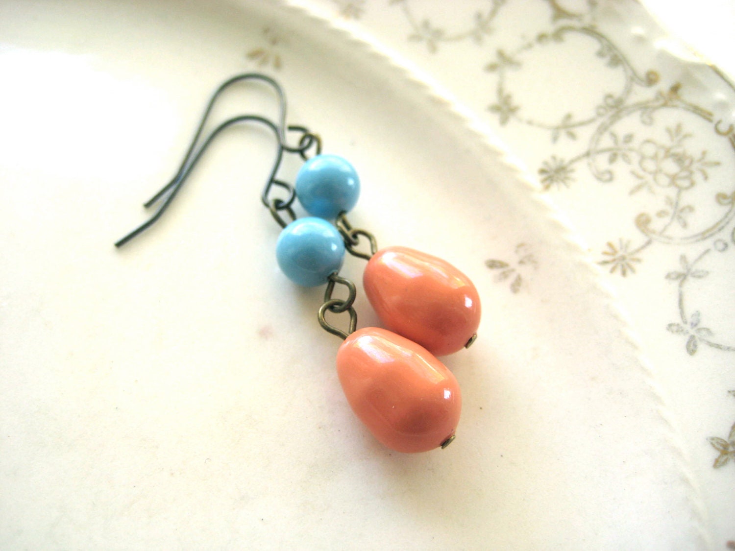 Coral Turquoise Earrings - orange, blue, simple, drop dangle, bright colors, tropical
