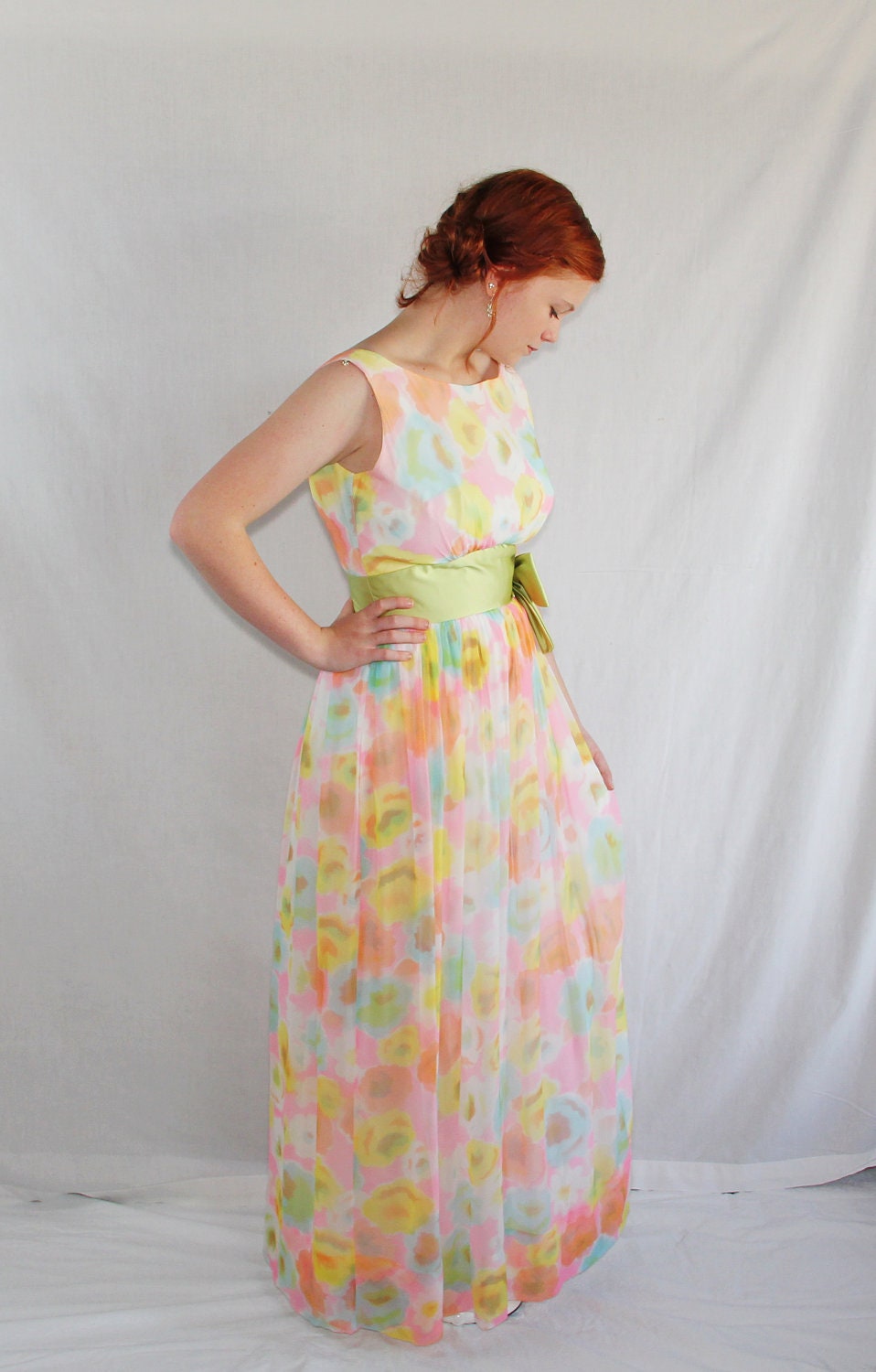 60s Chiffon Dress / Wedding / Prom / Watercolor Dress / Designer Dress / Harry Keiser