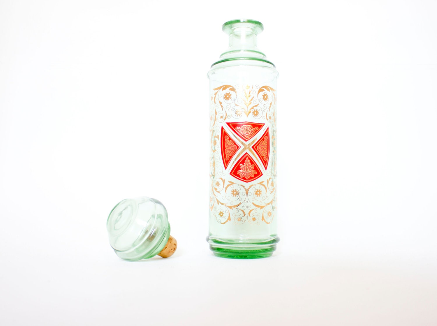 Vintage Decanter Green Glass Mid Century Shield Design Free Shipping