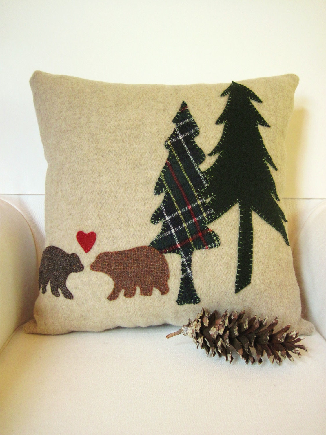 Decorative Pillow / Cabin Pillow / Wool Pillow / Woodland Pillow / Bear Pillow / Bears and Trees Pillow / Bears in Love Pillow