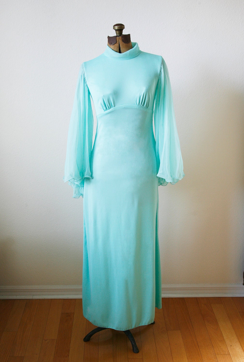 Mint Sea Green Angel Sleeve Maxi Dress Vintage 70s Extra Small
