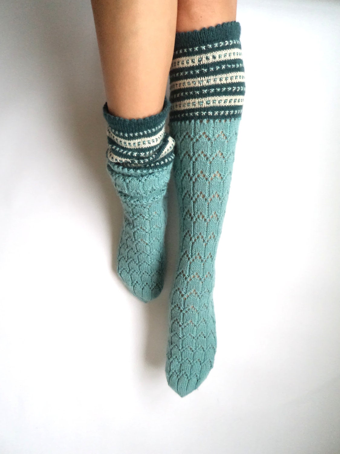 Boot socks. Knee high socks. Leg warmers. Mint green with white and teal. Wool socks. Hand knit socks. Lace socks. Geometric pattern. - GrietaKnits