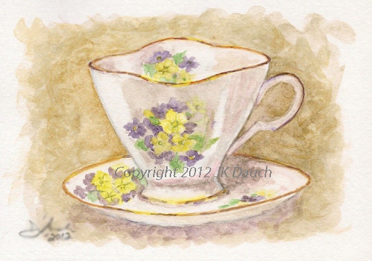 China Teacup Original Watercolor Painting by "Jamie Dauch"  Michigan artist - Gifts and Decor
