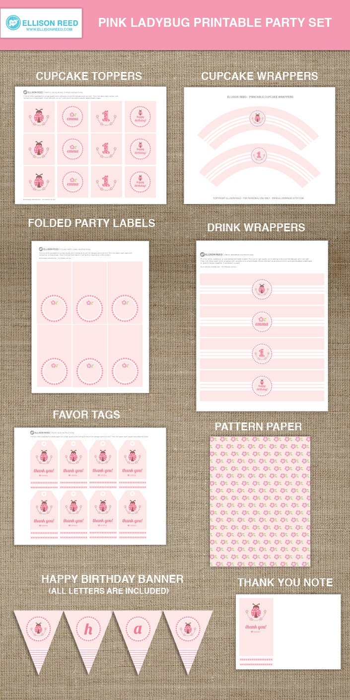 Pink Ladybug Printable Party - Ladybug Birthday - Ladybug decorations - First Birthday - bug - flowers - Pink - polka dots Il_570xn