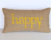 burlap pillow, decorative happy pillow, yellow word pillow, home decor, nursery decor, dorm room decor by whimsysweetwhimsy