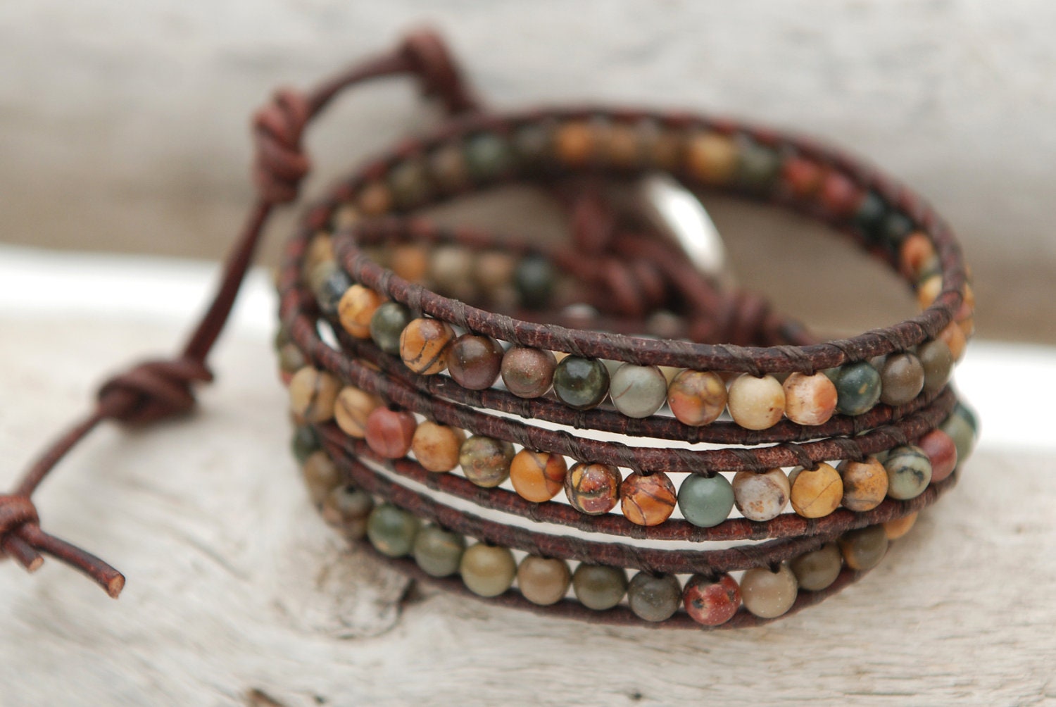 Beaded bracelet. Triple wrap leather bracelet. Picasso jasper leather wrap bracelet with silver plated button. Autumn jewelry. WSR3v020