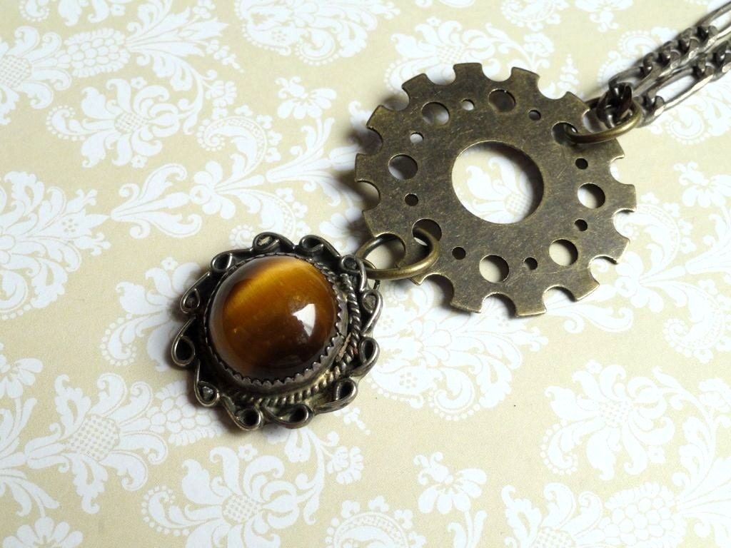 Steampunk Jewelry - Real Tiger's Eye Stone set in Sterling Silver Gear and Sterling Silver Chain - Steampunk Necklace - Upcycled Jewelry