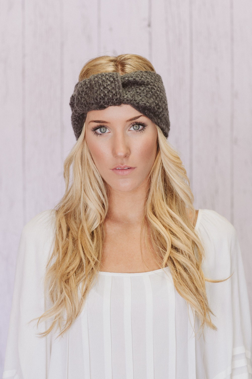 Dark Gray Knitted Knotted Mohair Ear Warmer Headband - Knot Just Any Ear Warmer in Dark Gray