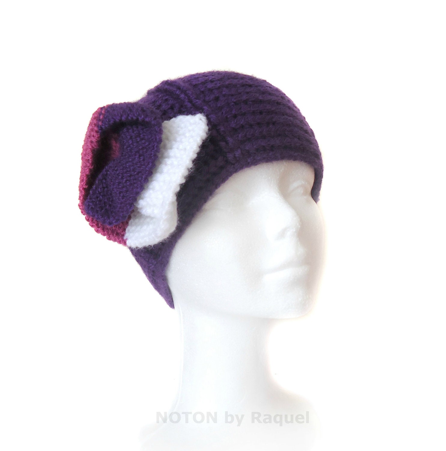 Purple Crocheted Boho Beanie Hat with Flower, womens pink white crochet hat, beanie with knit flower, woman boho handmade hat