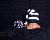 Newborn Hat, Newborn Boy Photography Prop, Navy Blue and White Beanie, Elf Hat, Pixie Hat, Hat with a Tassel.