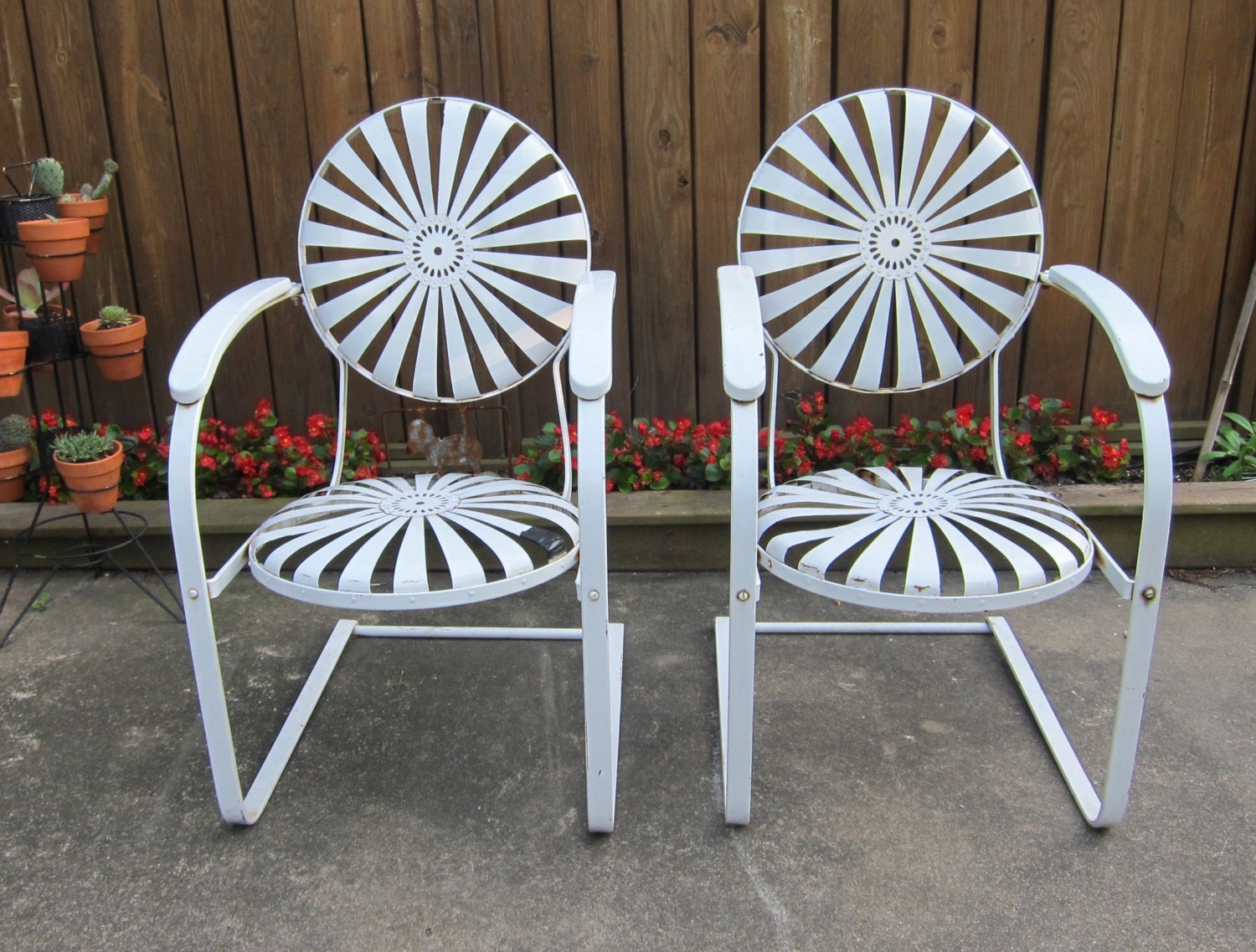 Antique Pair of White Metal Sunburst Patio Spring Chairs by badeye