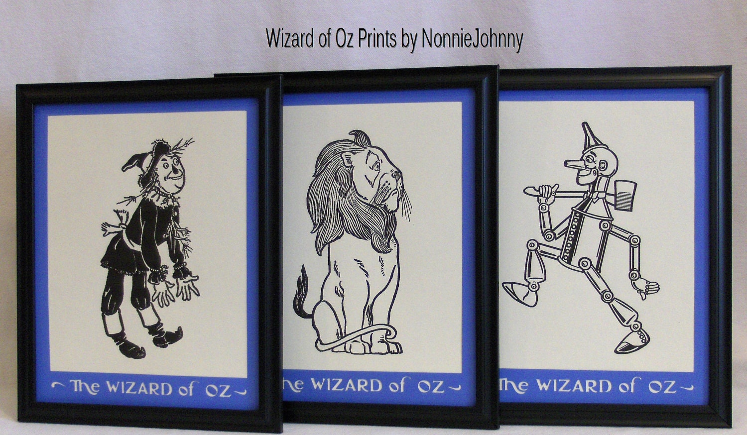 Wizard of Oz Prints, Cowardly Lion, Tin Woodman, Scarecrow, set of 3 ready-to-frame 8 x 10 periwinkle blue mats, cream prints