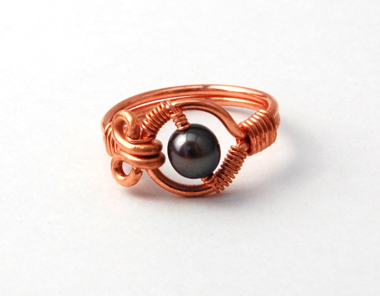 Wire Wrapped Ring - Copper Wire Ring with Pearl