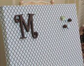 Blue green and chocolate brown trellis fabric 24x36 Upholstered Magnet Board, memo board, organize, hold Christmas cards, The Charming Wall