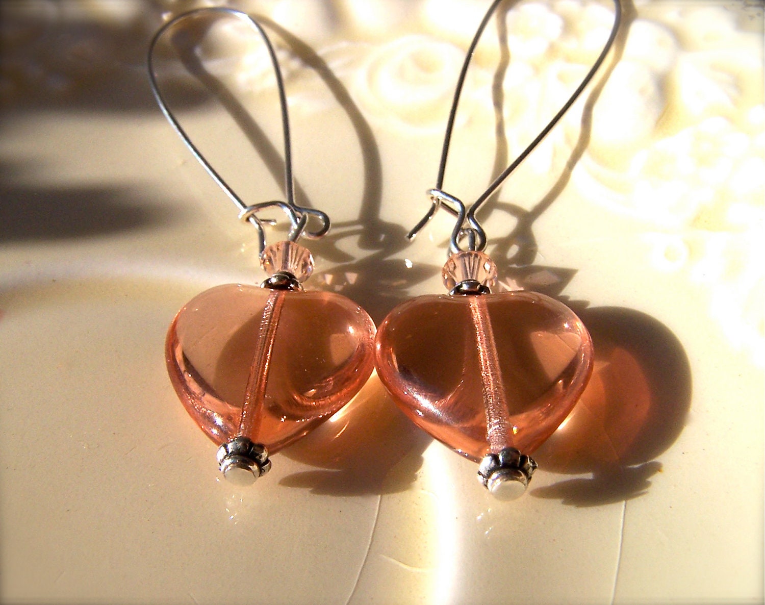 Sale Pink Heart Earrings, Peach Pink Glass Puffy Hearts, Pink Earrings, Romantic, Bridesmaid, Feminine