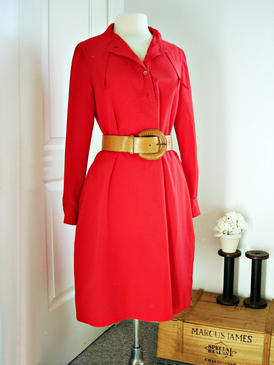 Vintage 70s Geoffrey Beene dress/ red "Beene Bag" caftan / Saks Fifth Avenue/ designer shirt dress/ tunic