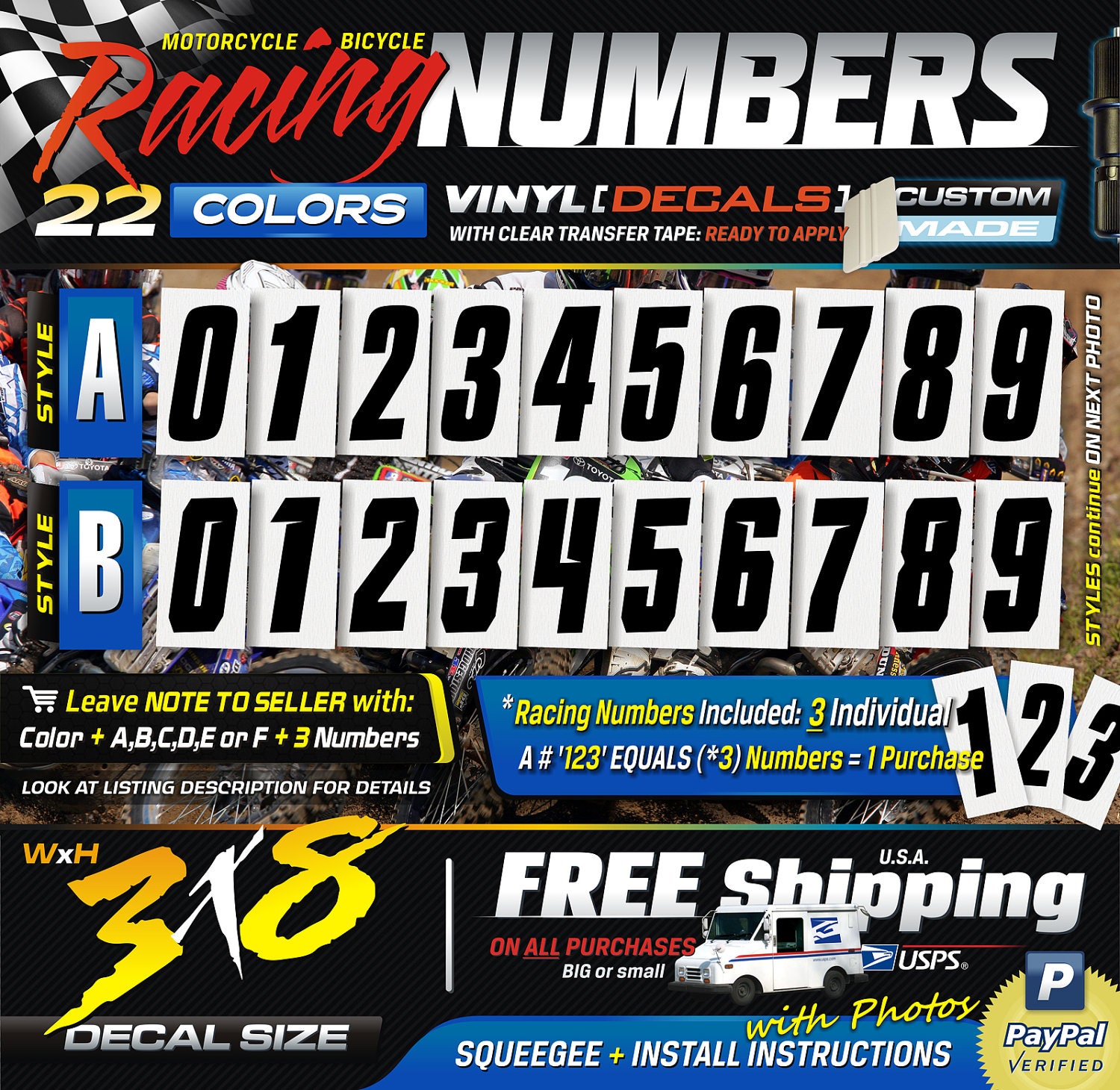 3x8 (3) Racing Numbers Vinyl Decal for Motorcycle, Bicycle ( MEDIUM ) 1 Color