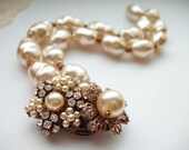 Vintage Baroque Pearl & Rhinestone Bracelet Shabby Chic Antique Copper Box Clasp Art Nouveau