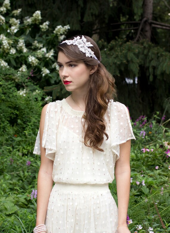 Metallic Silver Lace Wedding Headband Embroidered with Real Pearls, Rhinestones and Crystals