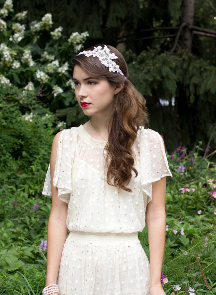 Metallic Silver Lace Wedding Headband Embroidered with Real Pearls, Rhinestones and Crystals