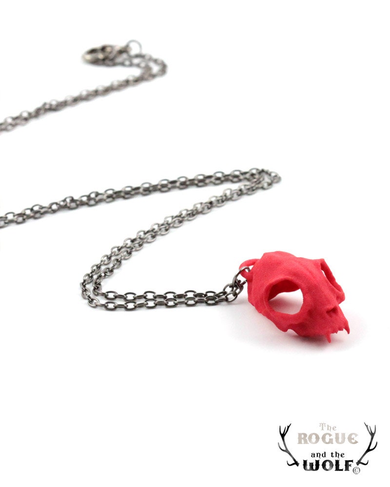 Red Cat Skull Necklace, cat skull necklace, modern pendant, animal jewelry, cool animal skull, animal skull jewelle