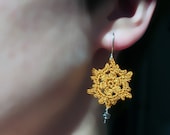 subtle crochet earrings in mustard yellow with silver sterling hooks