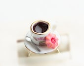 Coffee Cup with Pink Cookie Food Ring - Miniature Food Jewelry