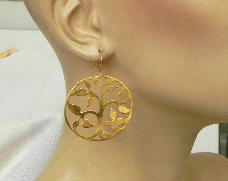 Handmade 14K gold plated tree in a circle earrings with gold plated sterling silver hangers