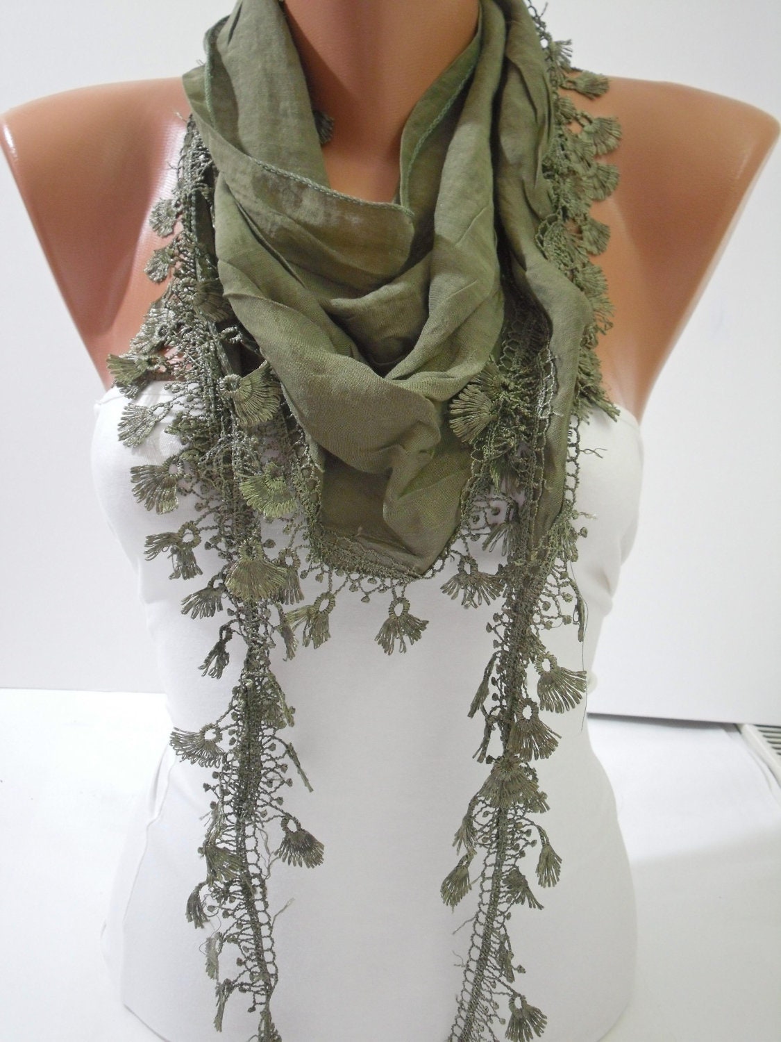 Green Shawl / Scarf - Headband - Cowl with Lace Edge