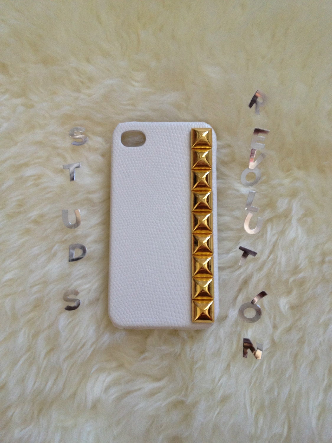 FREE SHIPPING-on sale iPhone 4/4S Studded white snake skin case with gold pyramid studs,studded case,iphone case,handmade iphone case,