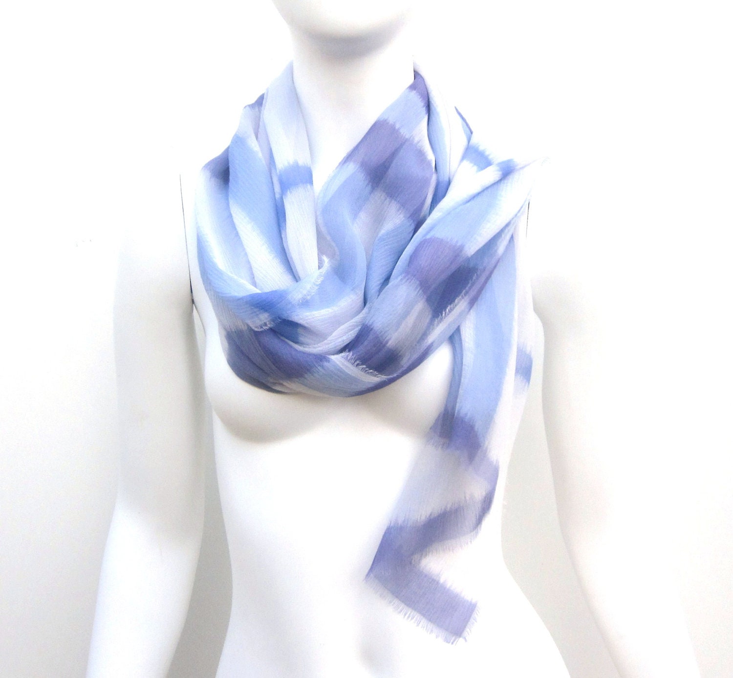 Silk Chiffon Fringed Wrap Scarf Indigo Blue White Check
