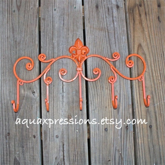 Iron Wall Hook /Bright Orange Hanger/ Five Hook/ Fleur de lis metal decor/ Decorative Key, Towel Holder/ Painted Coat Rack/