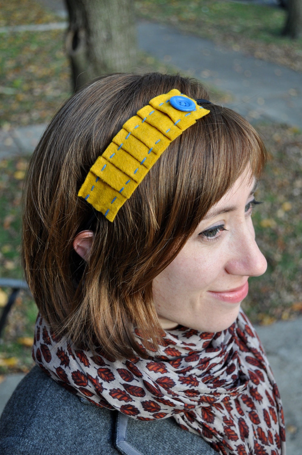 Mustard Felt & Cobalt Button Pleated Headband