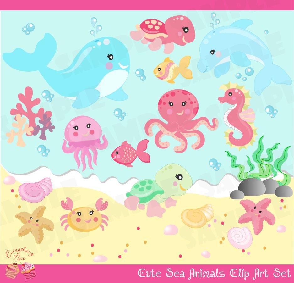 Cute Little Sea Animals Girl Clip Art Set