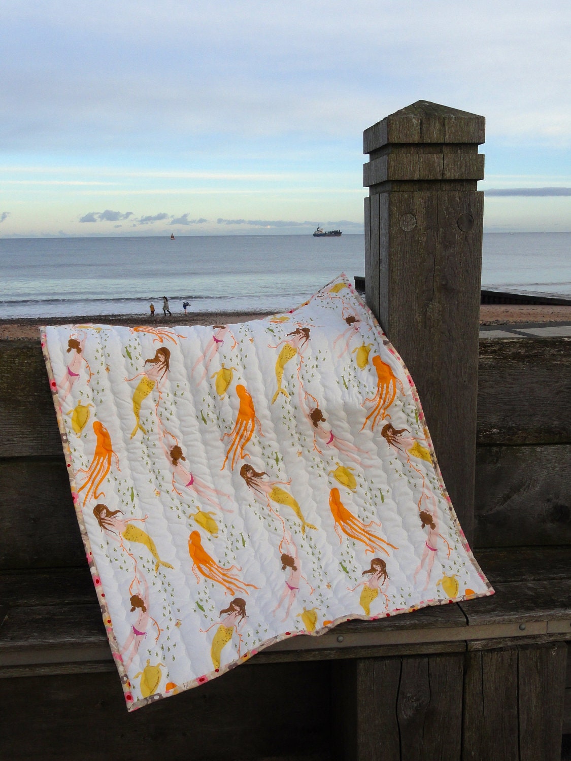 Baby Girl Quilt with Cushion, Mermaids and Hearts. Quilt and Cushion set