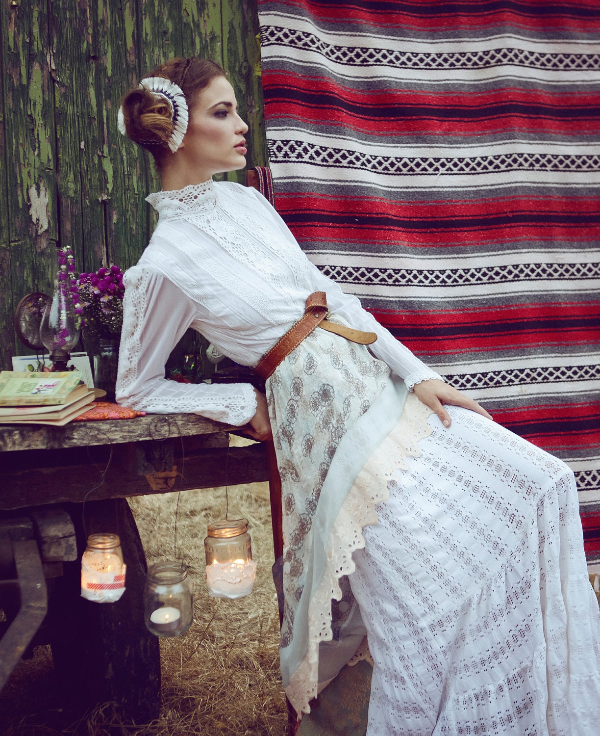 RESERVED for Widdygreen - Bohemian Hi Low off-white Georgette skirt with mesh and eyelet lace, Tunic top with lace, Free shipping